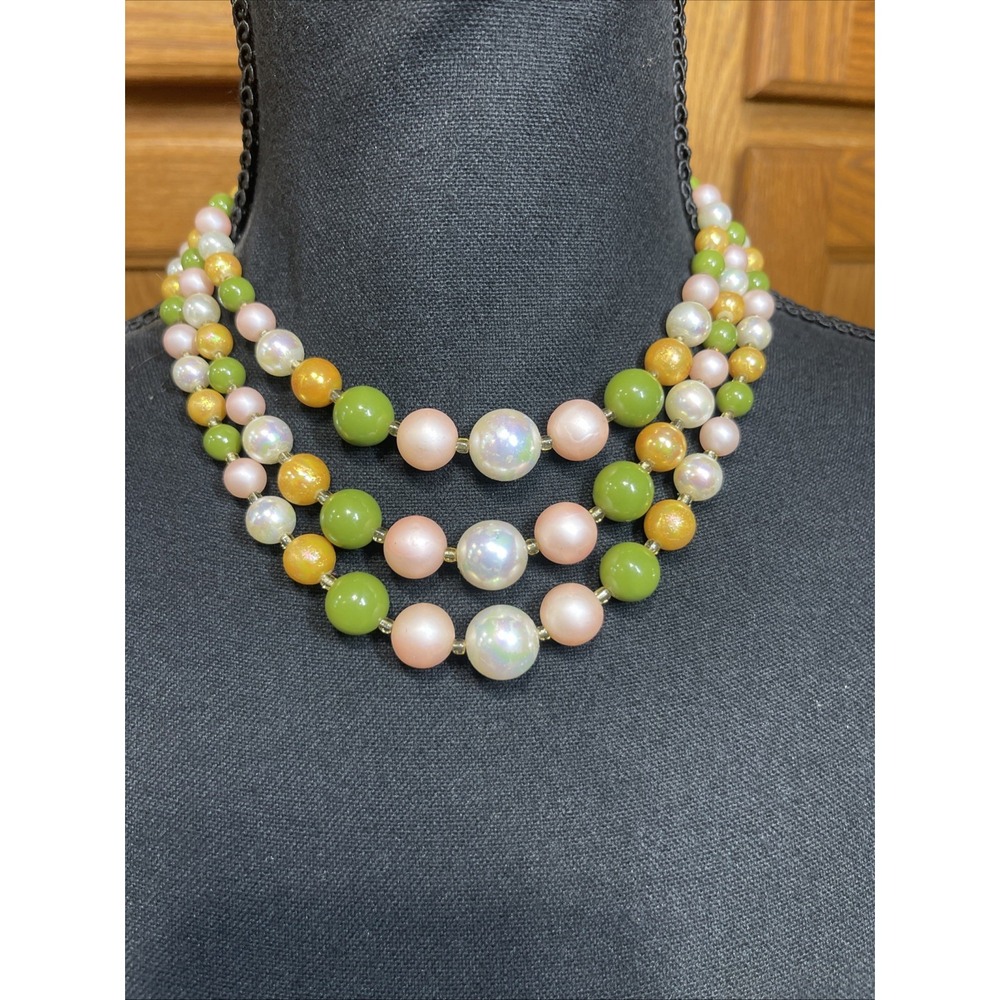 Vintage Triple Strand Plastic Pearl Costume Beaded Necklace Lobster Clasp